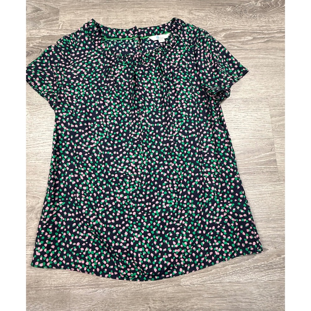 Boden Womens Silk Blend Ruffle Neck Blouse Navy Pink Green Dot Print Size US 8